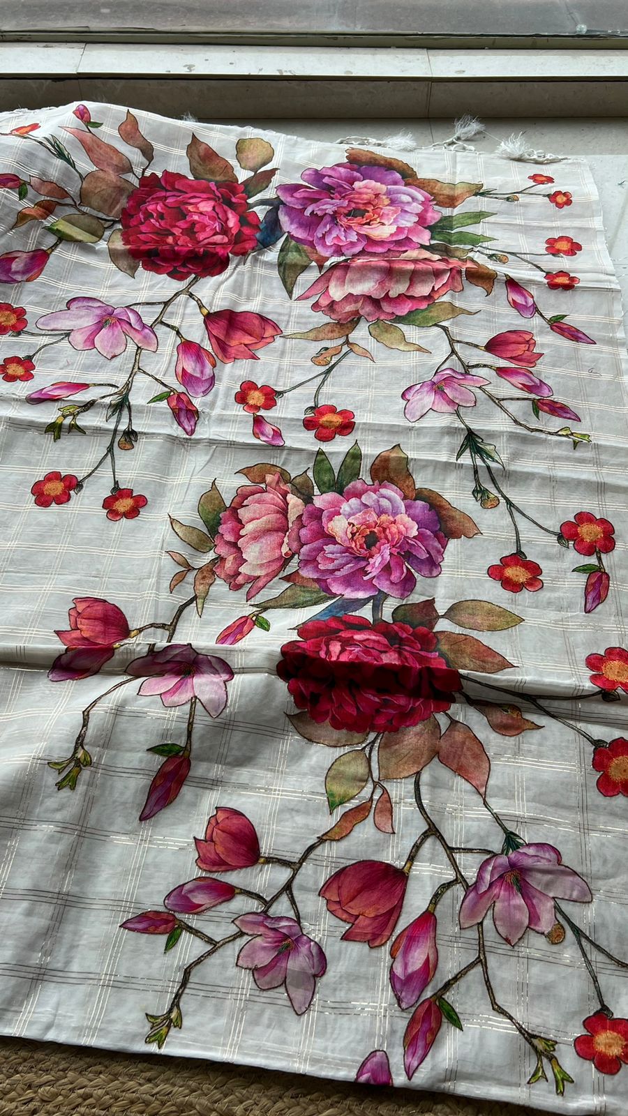 White chanderi floral saree with red blouse