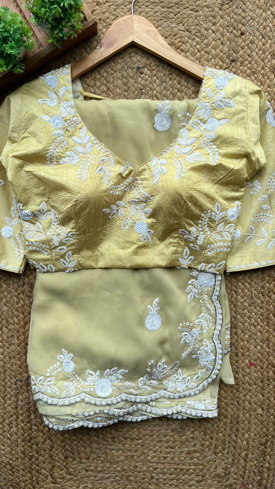 Banana yellow organza saree with silk embroidery blouse