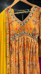 Yellow silk 3 piece kurti full length dress