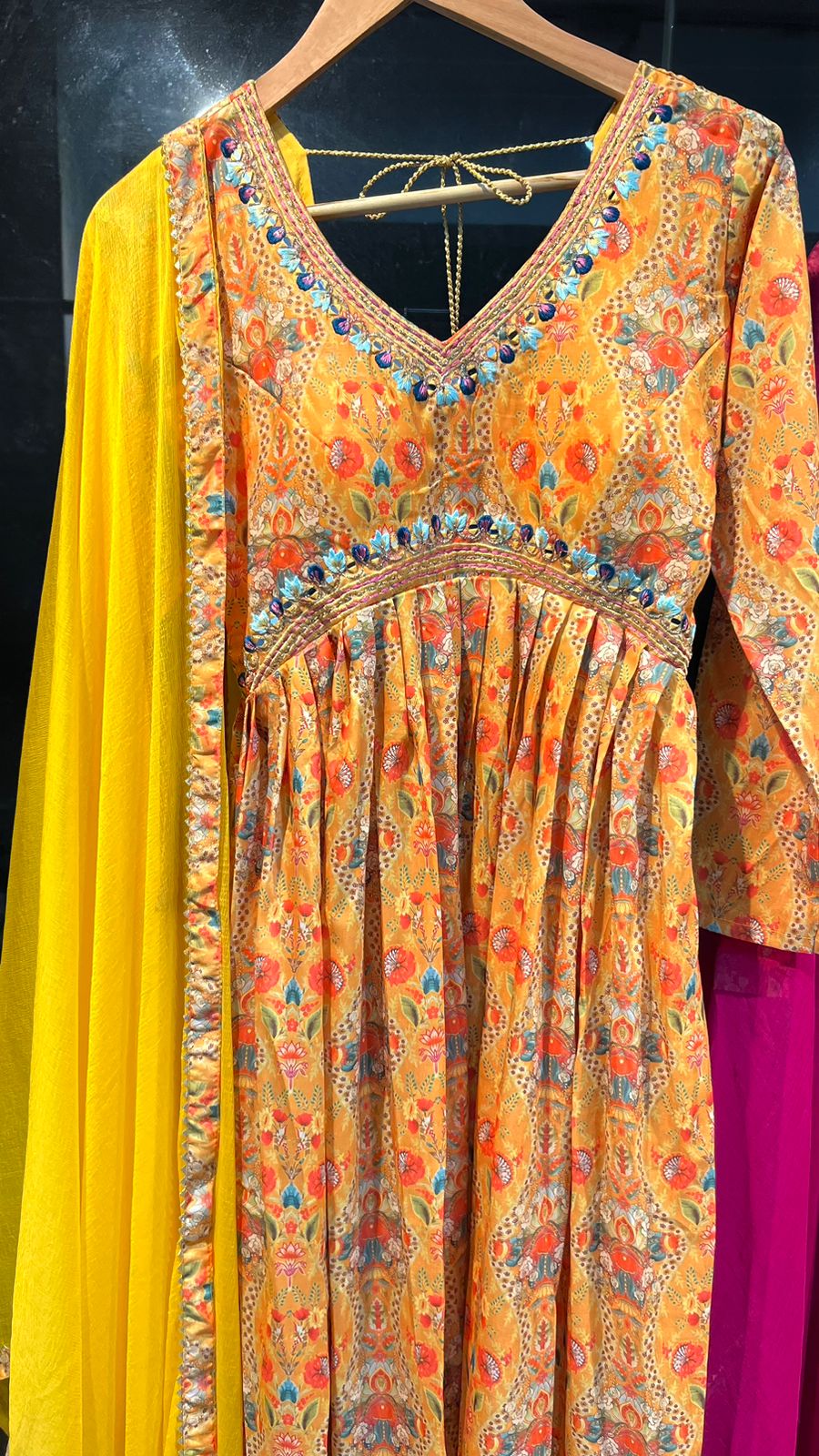 Yellow silk 3 piece kurti full length dress