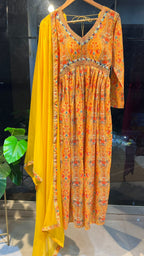 Yellow silk 3 piece kurti full length dress