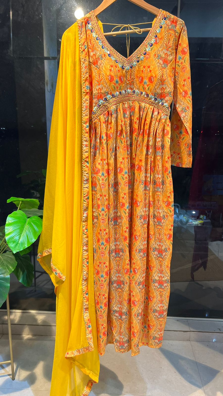 Yellow silk 3 piece kurti full length dress