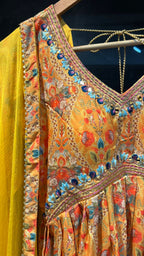 Yellow silk 3 piece kurti full length dress