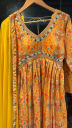 Yellow silk 3 piece kurti full length dress