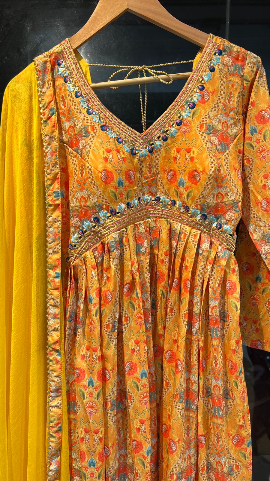 Yellow silk 3 piece kurti full length dress