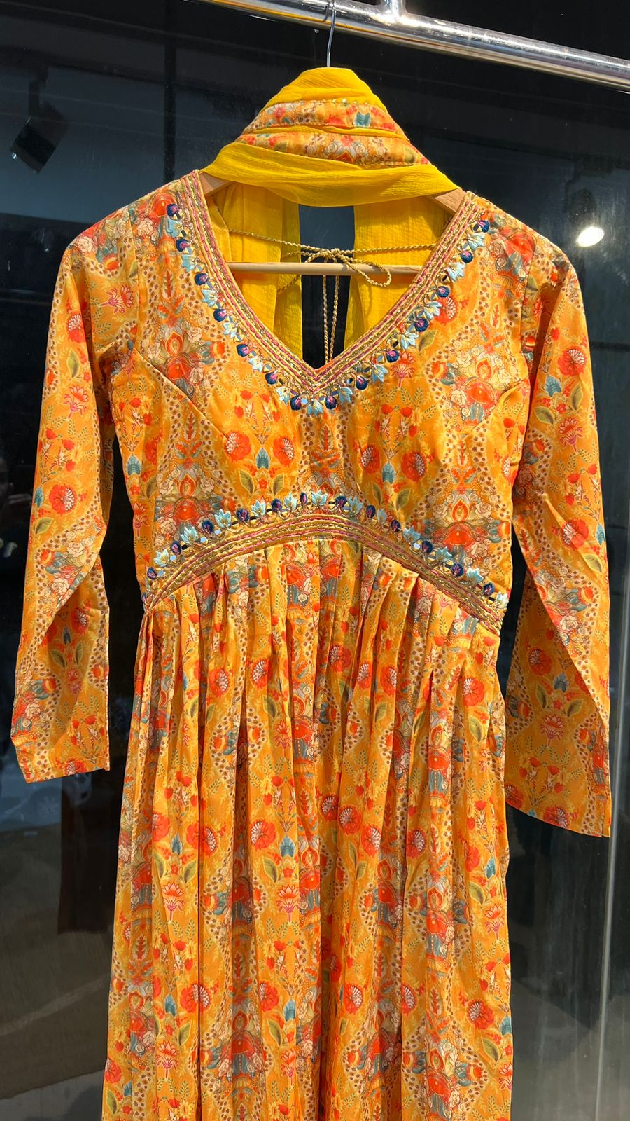 Yellow silk 3 piece kurti full length dress