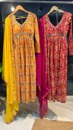 Yellow silk 3 piece kurti full length dress