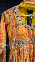 Yellow silk 3 piece kurti full length dress