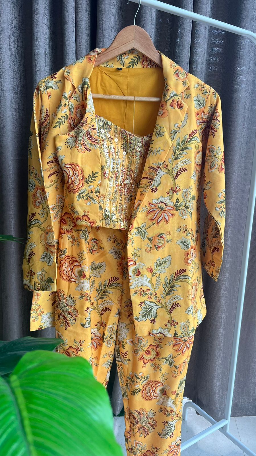 Yellow floral embroidered coord sets