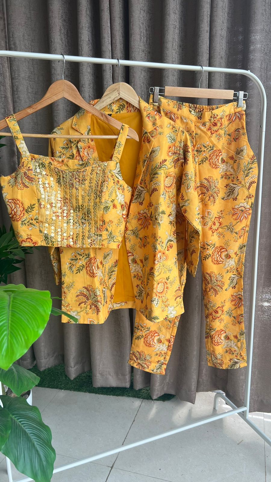Yellow floral embroidered coord sets