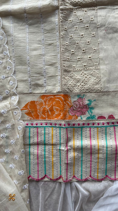 Half white cotton embroidered 3 piece kurti set