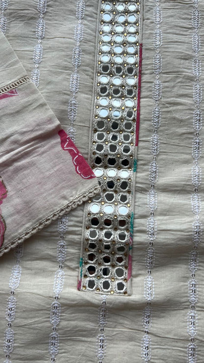 Half white cotton embroidered 3 piece kurti set