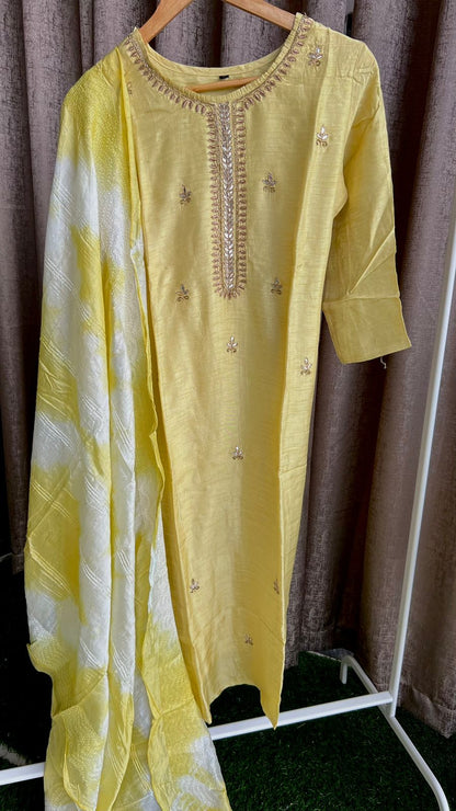 Lemon yellow silk Kurti with embroidery top and Duppata