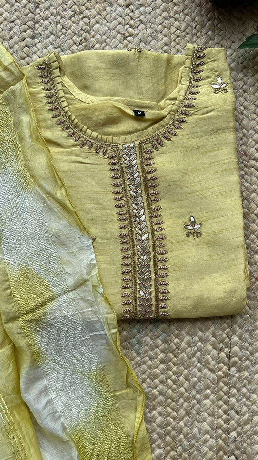 Lemon yellow silk Kurti with embroidery top and Duppata