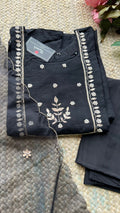 Black silk hand work embroidery 3 piece kurti set