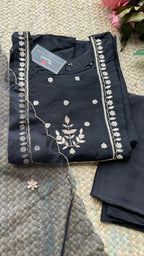 Black silk hand work embroidery 3 piece kurti set