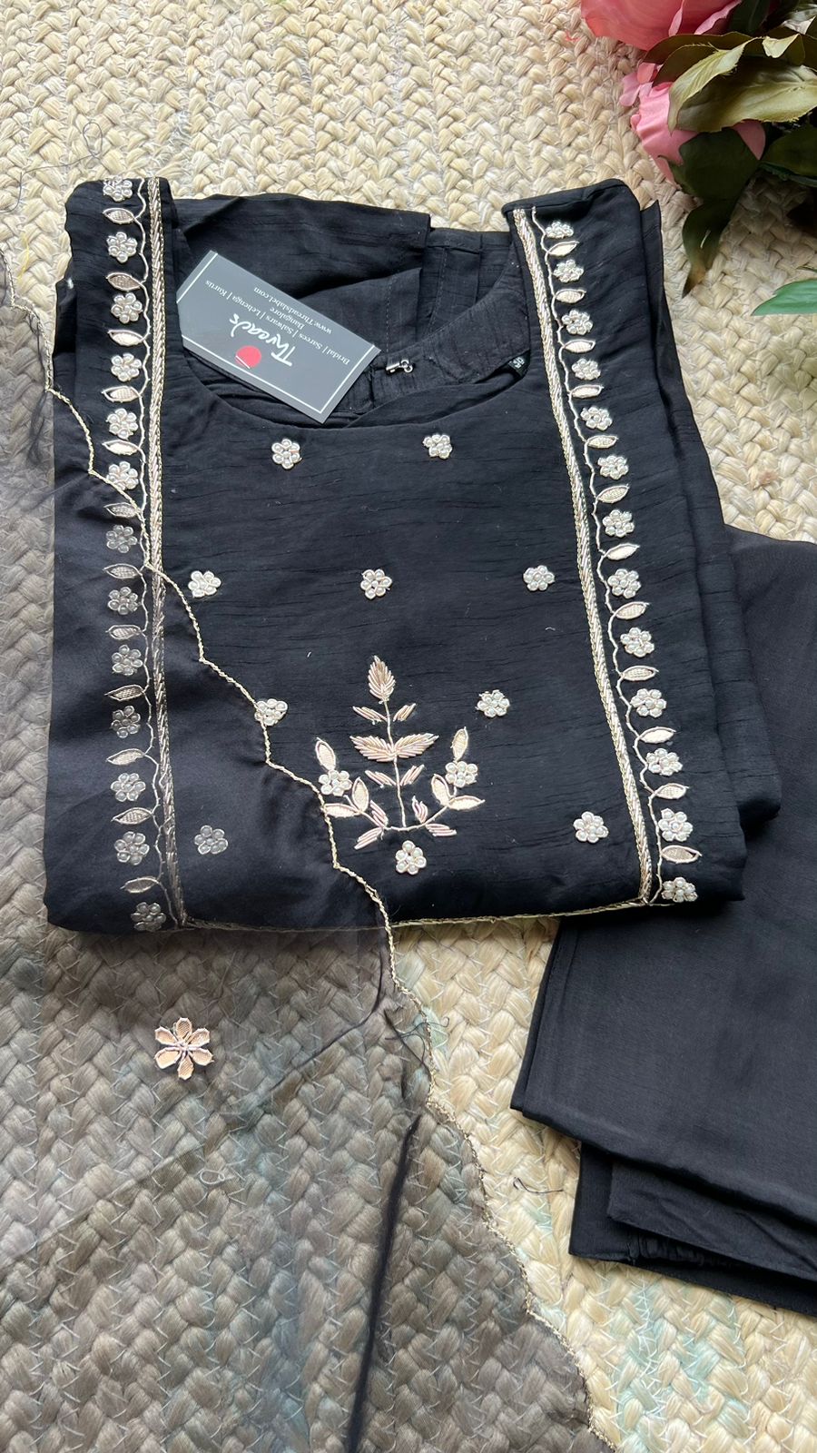 Black silk hand work embroidery 3 piece kurti set
