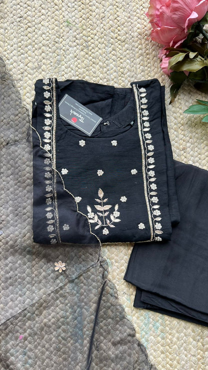 Black silk hand work embroidery 3 piece kurti set