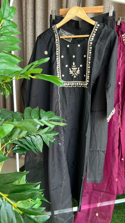 Black silk hand work embroidery 3 piece kurti set