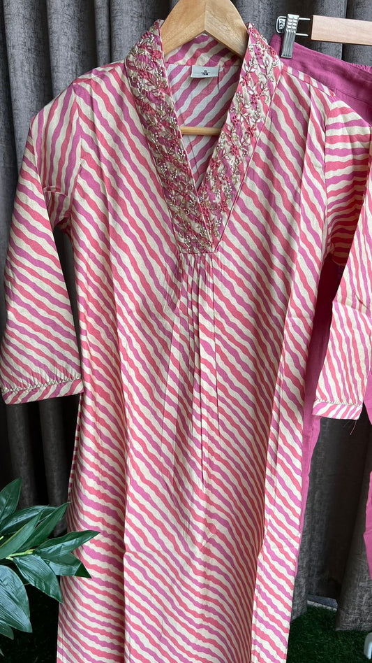 Cotton silk pink printed 2 piece kurti suit