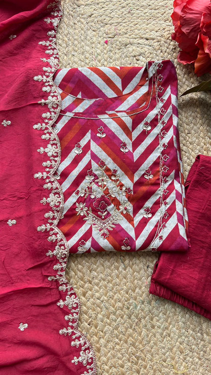 Deep maroon silk hand work embroidery 3 piece kurti set
