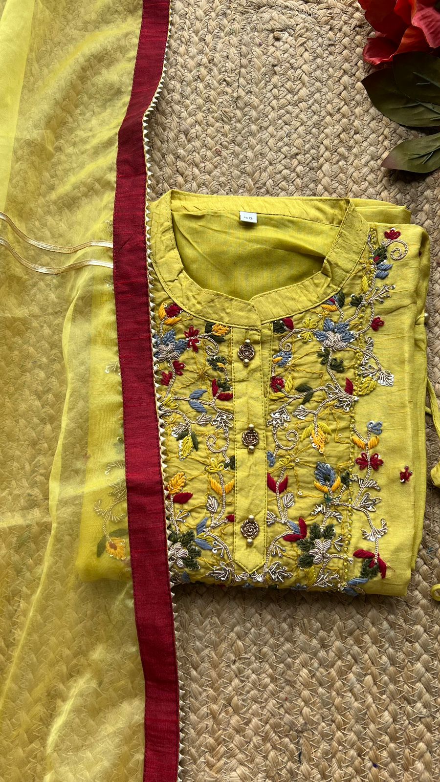 Yellow silk hand work embroidery 2 piece kurti set