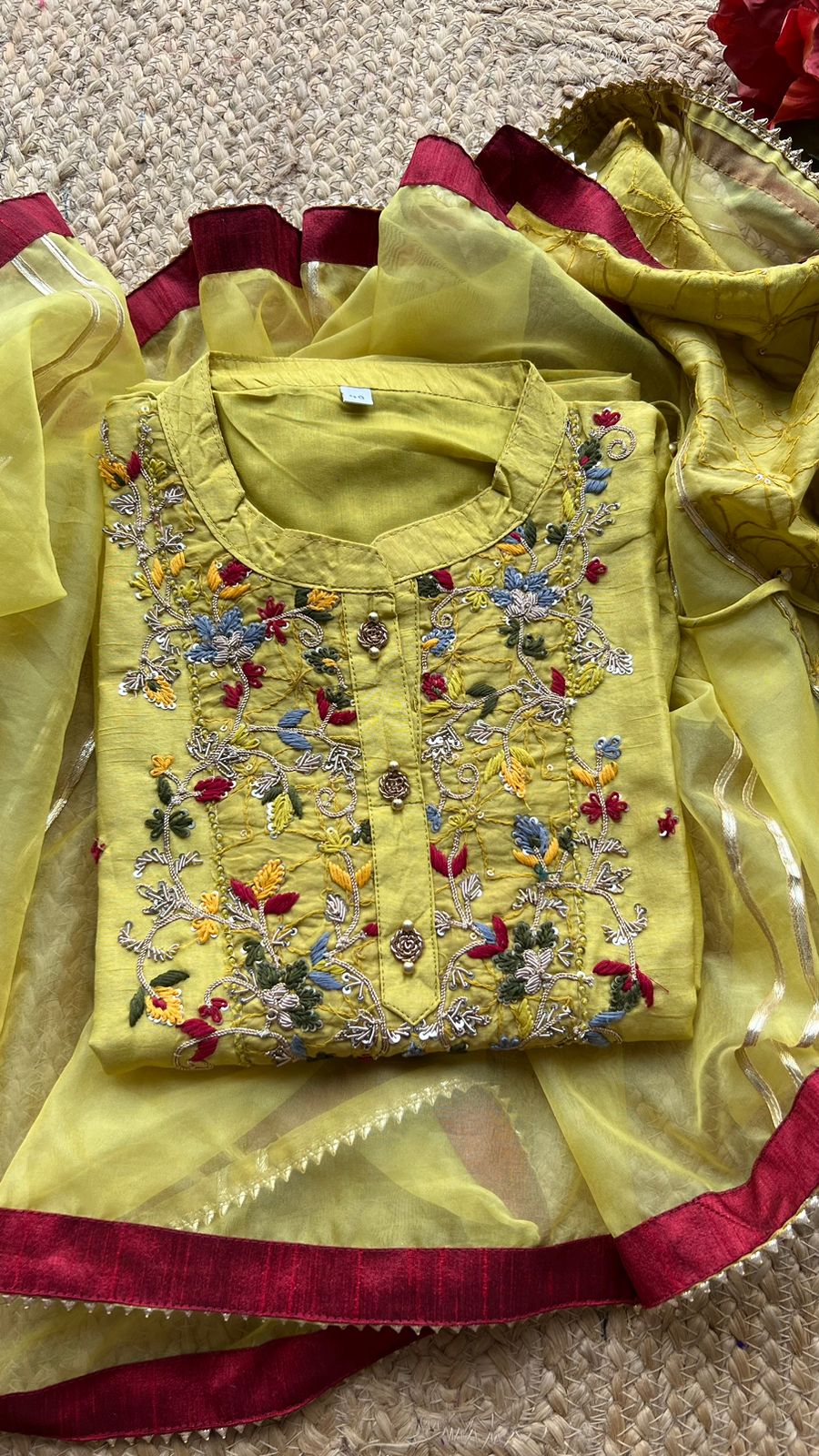 Yellow silk hand work embroidery 2 piece kurti set