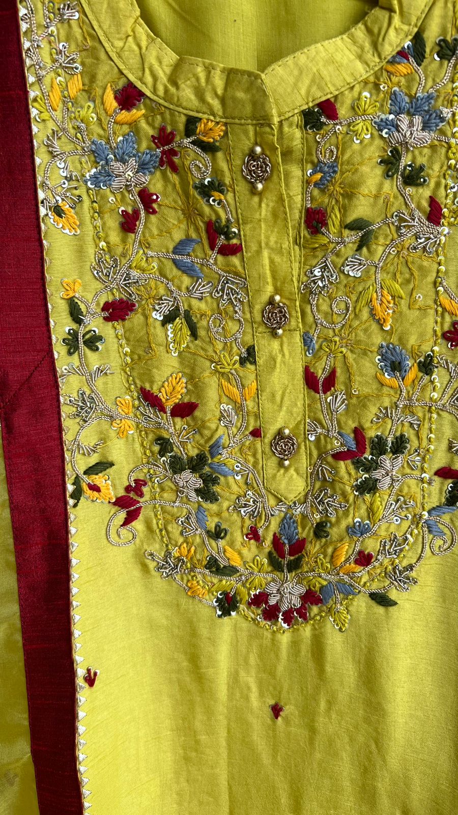 Yellow silk hand work embroidery 2 piece kurti set