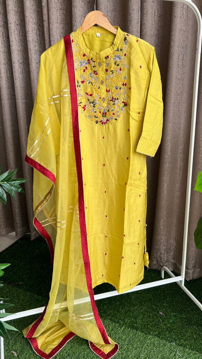 Yellow silk hand work embroidery 2 piece kurti set