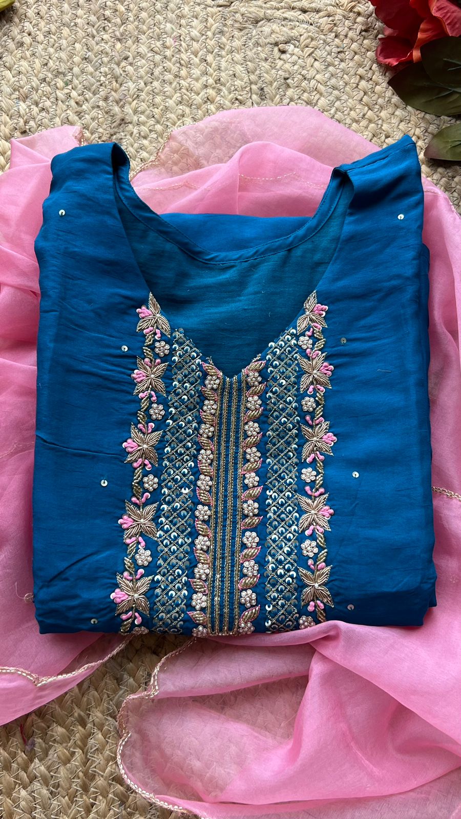 Prussian blue embroidery hand worked 2 piece kurti set