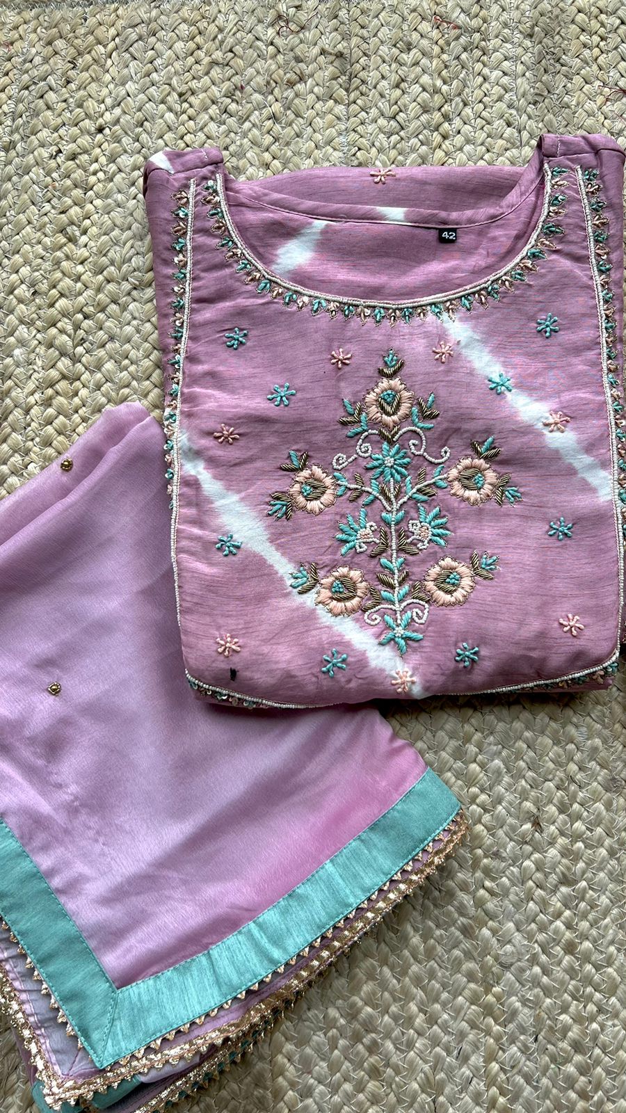 Lavender silk hand worked embroidery 3 piece kurti set