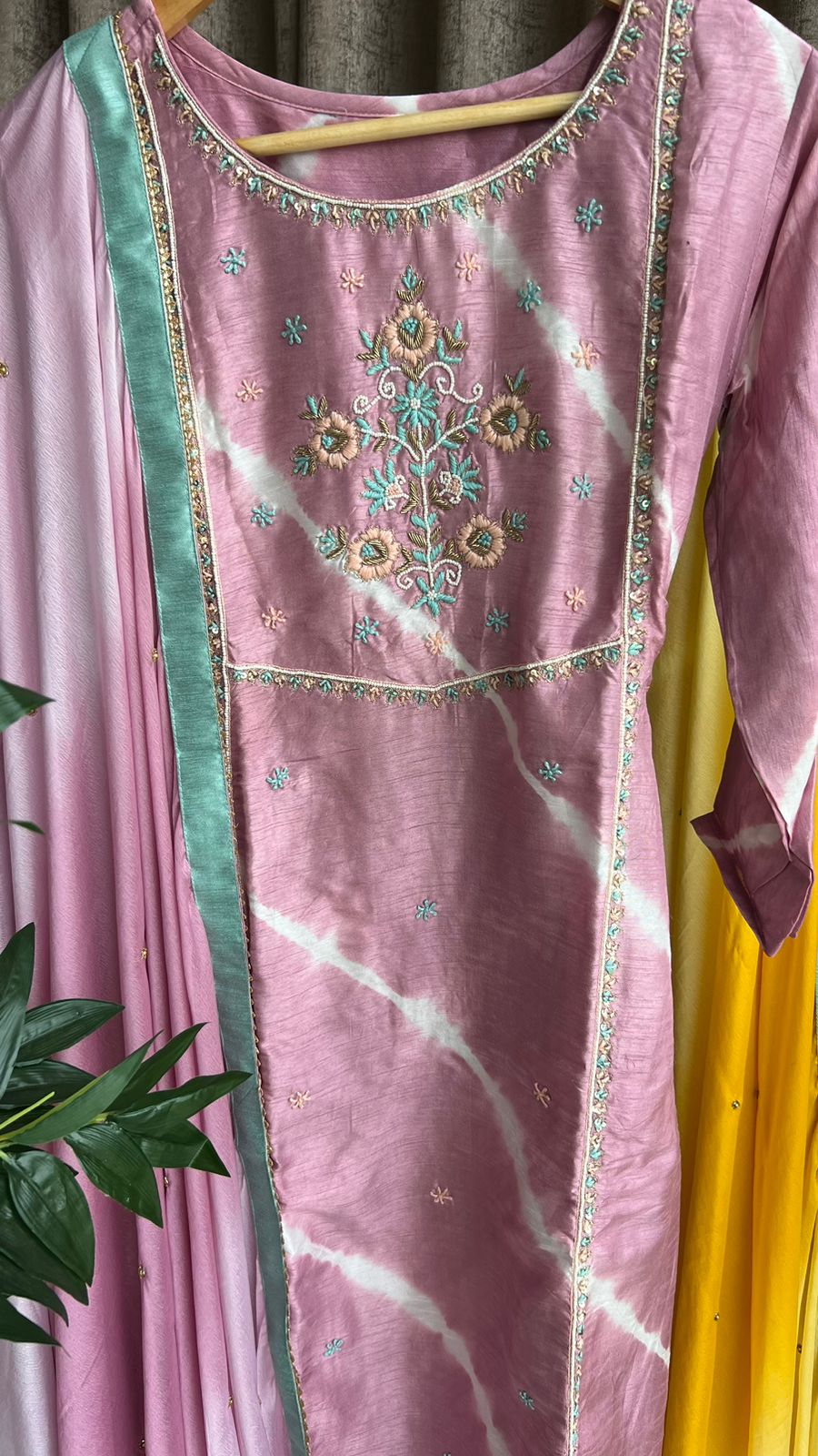 Lavender silk hand worked embroidery 3 piece kurti set