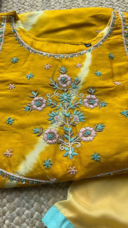 Yellow silk hand worked embroidery 3 piece kurti set