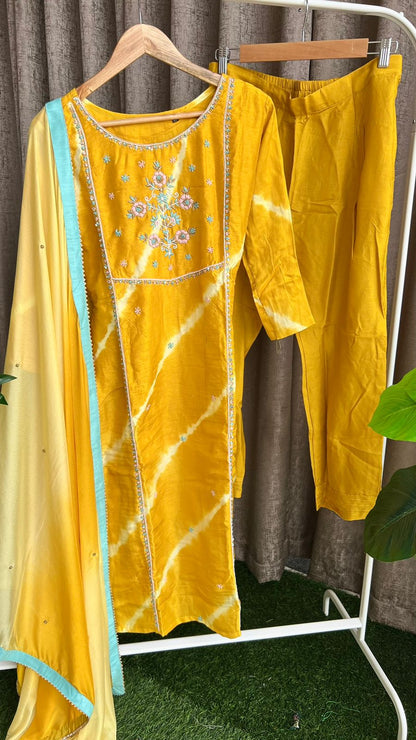 Yellow silk hand worked embroidery 3 piece kurti set