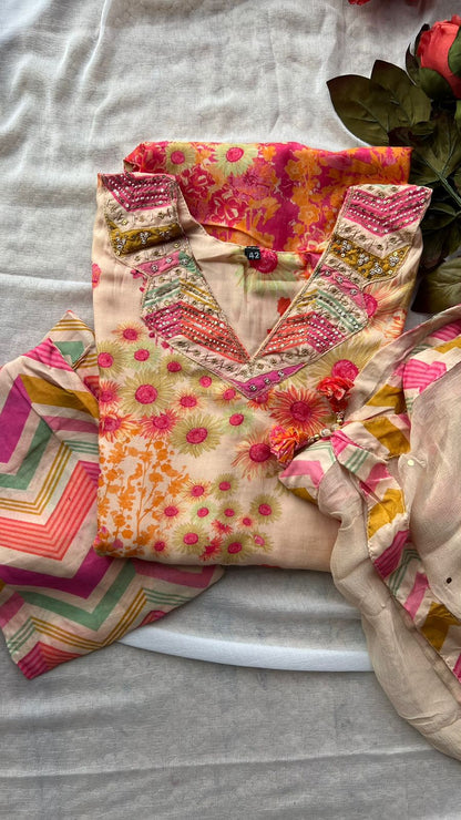 Modal silk cream floral printed 3 piece kurti suit
