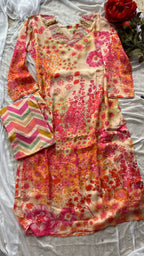 Modal silk cream floral printed 3 piece kurti suit