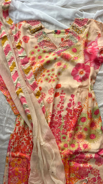 Modal silk cream floral printed 3 piece kurti suit