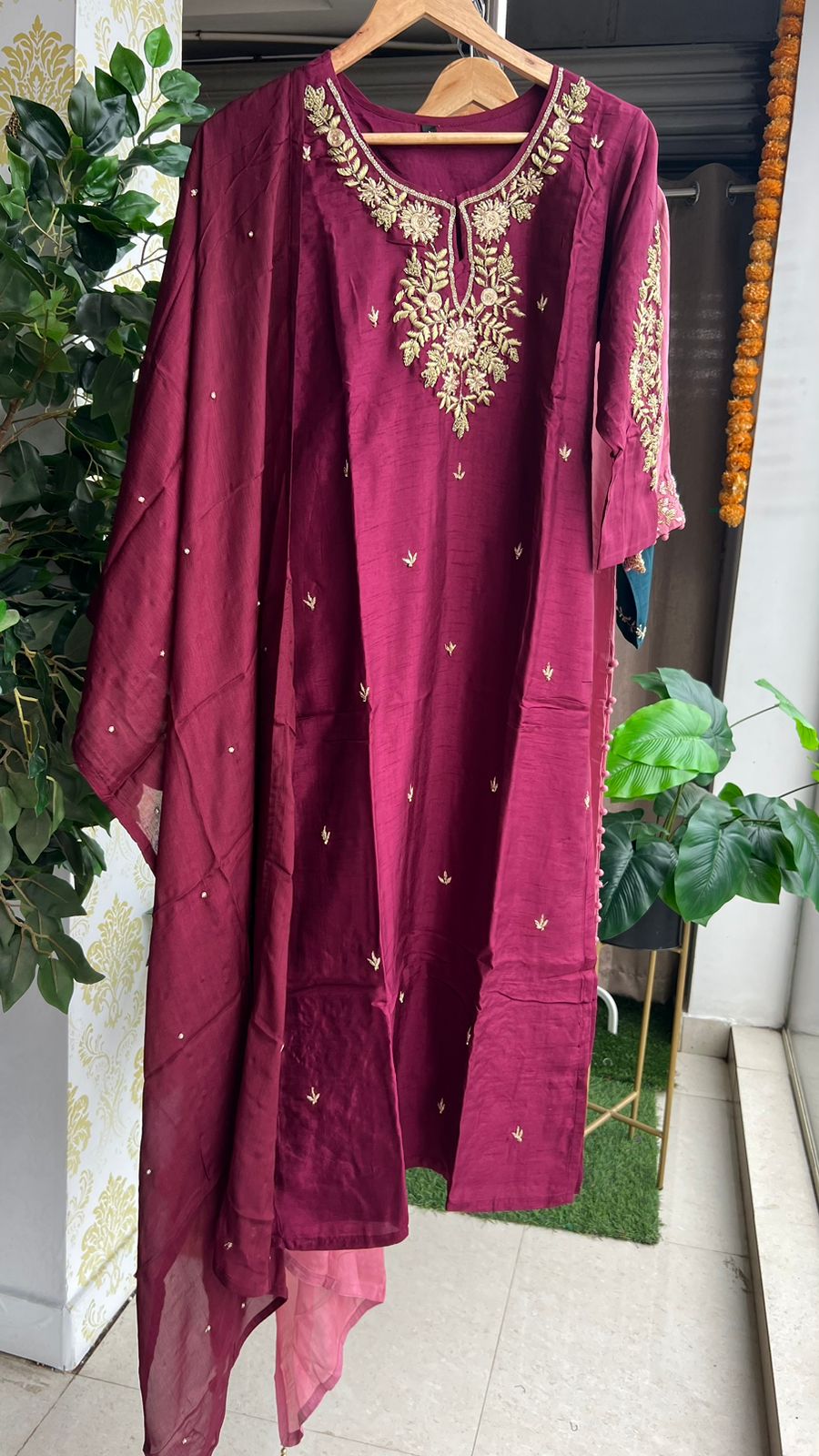 Deep wine heavy embroidery hand worked 3 piece kurti set
