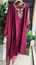 Deep wine heavy embroidery hand worked 3 piece kurti set
