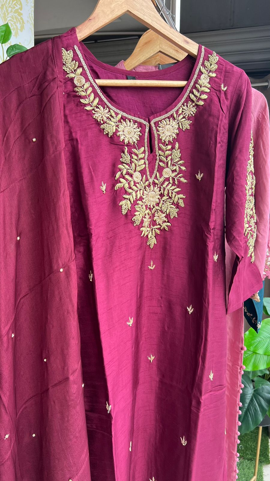 Deep wine heavy embroidery hand worked 3 piece kurti set