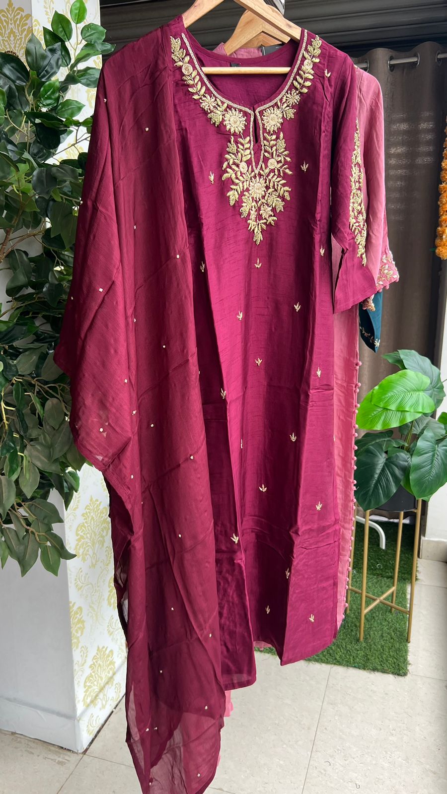 Deep wine heavy embroidery hand worked 3 piece kurti set