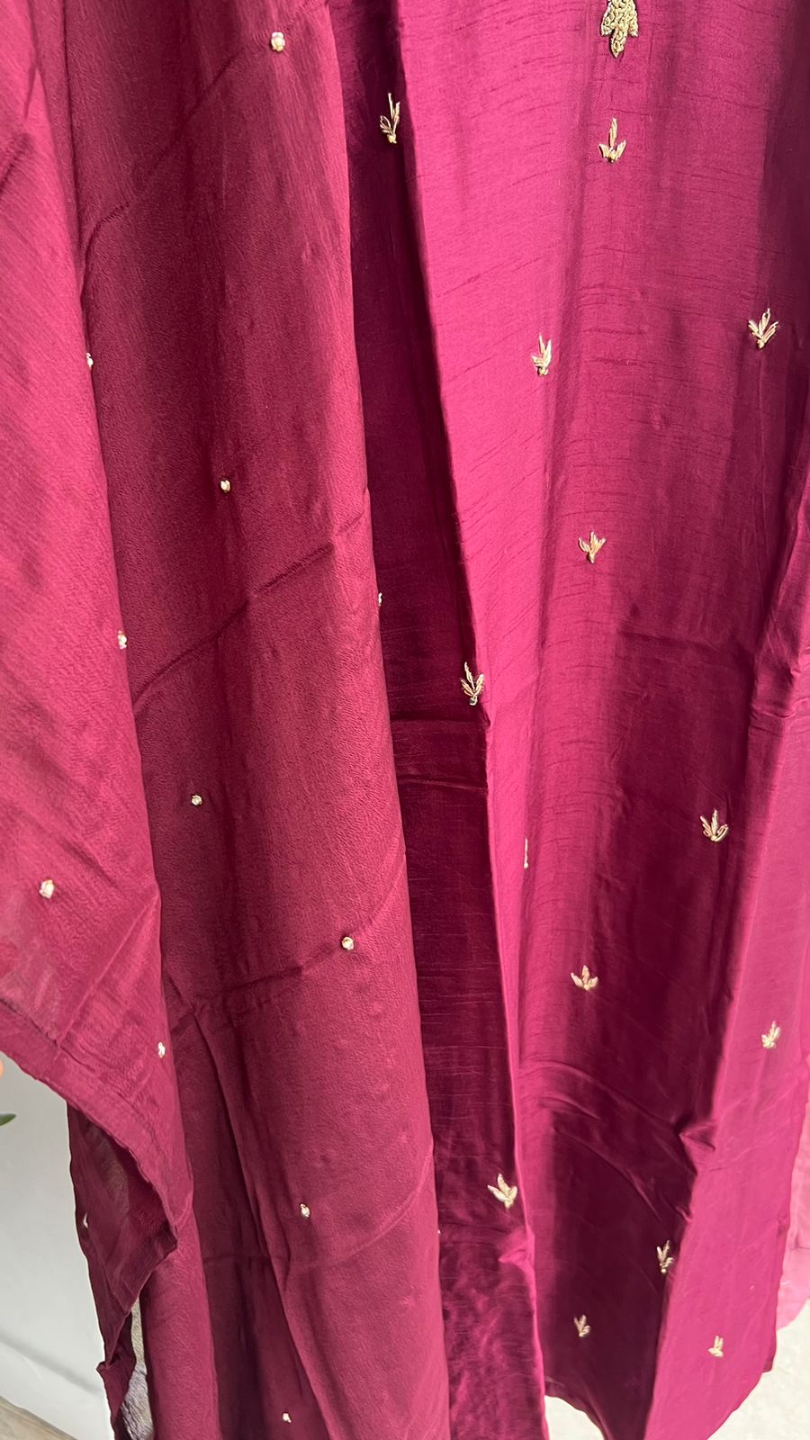 Deep wine heavy embroidery hand worked 3 piece kurti set