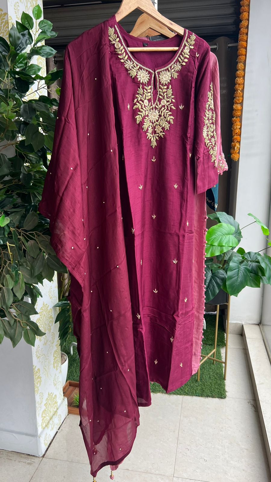 Deep wine heavy embroidery hand worked 3 piece kurti set