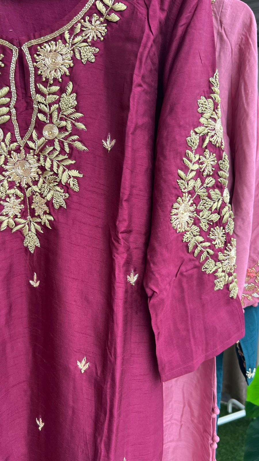 Deep wine heavy embroidery hand worked 3 piece kurti set