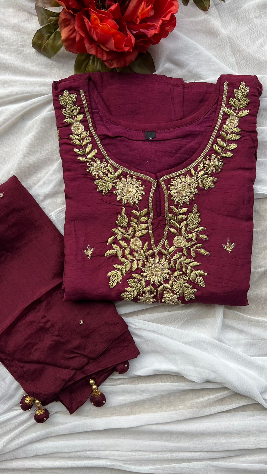 Deep wine heavy embroidery hand worked 3 piece kurti set