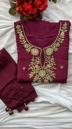 Deep wine heavy embroidery hand worked 3 piece kurti set