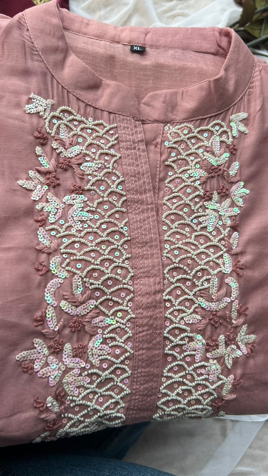 Peach silk embroidery hand worked 3 piece kurti set