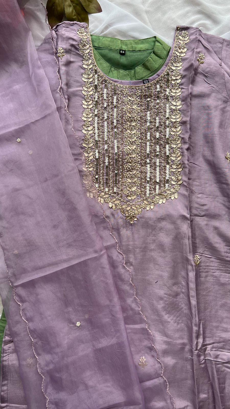 Lavender silk embroidery hand work 3 piece kurti set