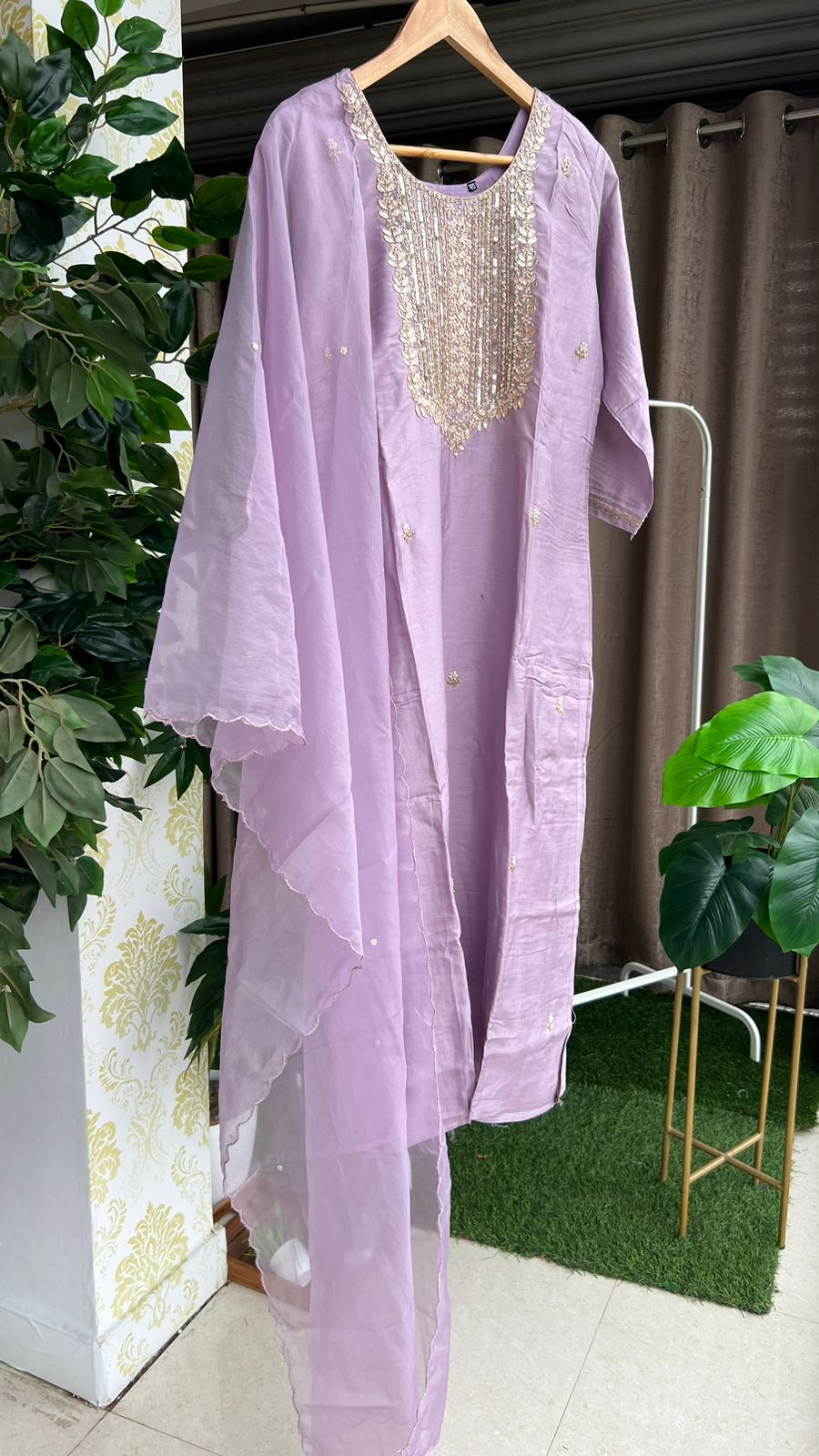 Lavender silk embroidery hand work 3 piece kurti set