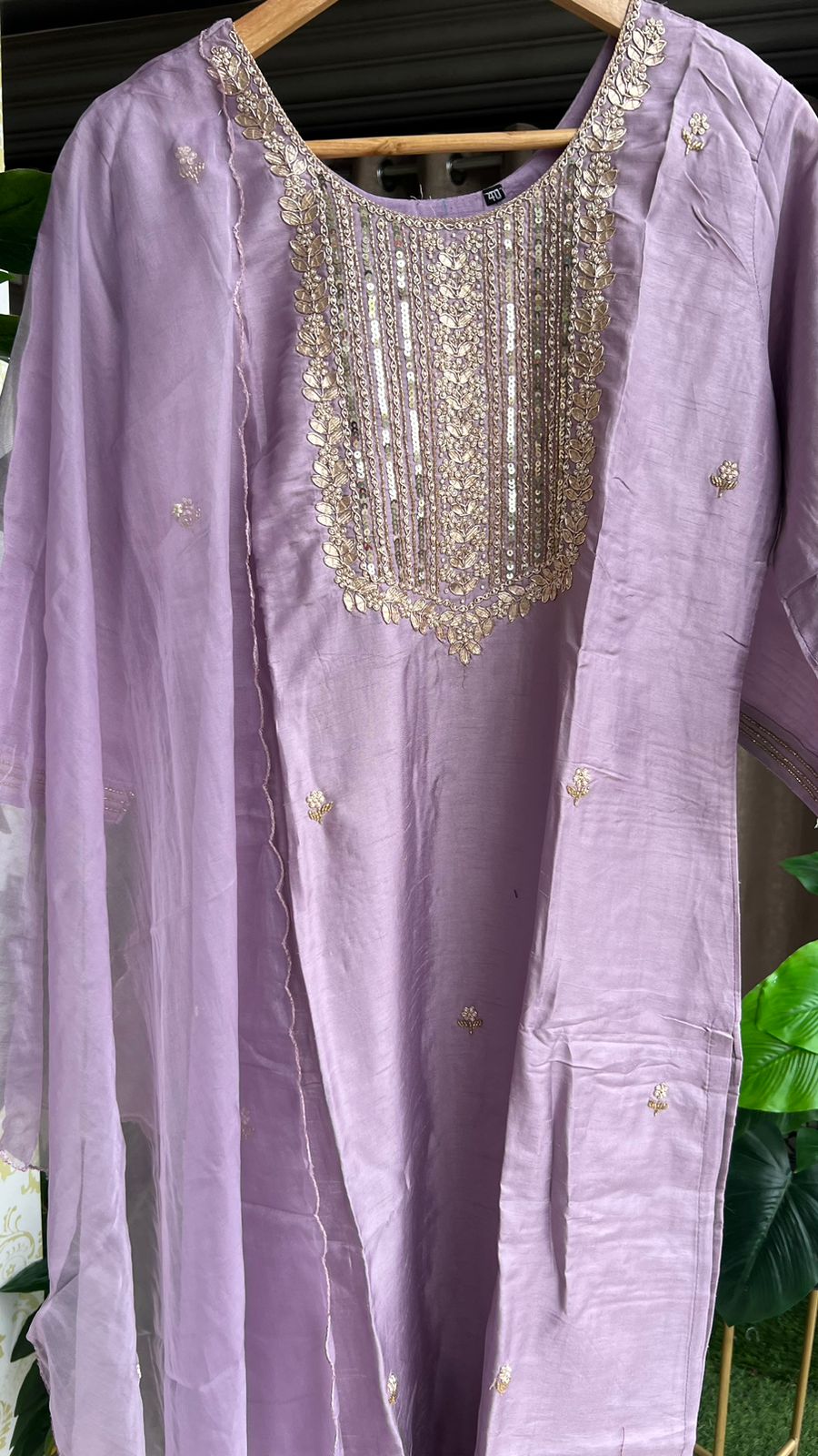 Lavender silk embroidery hand work 3 piece kurti set